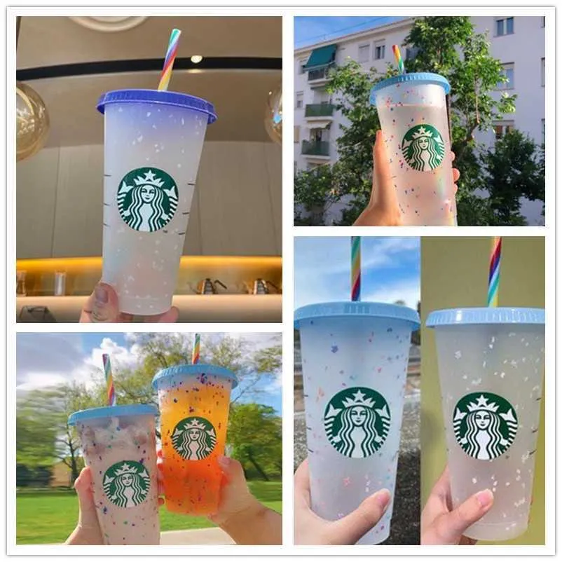Stok Starbucks renk değiştiren soğuk bardak kapaklı ve saman konfeti yeniden kullanılabilir plastik bardak veya set, sıvı ons livebecool