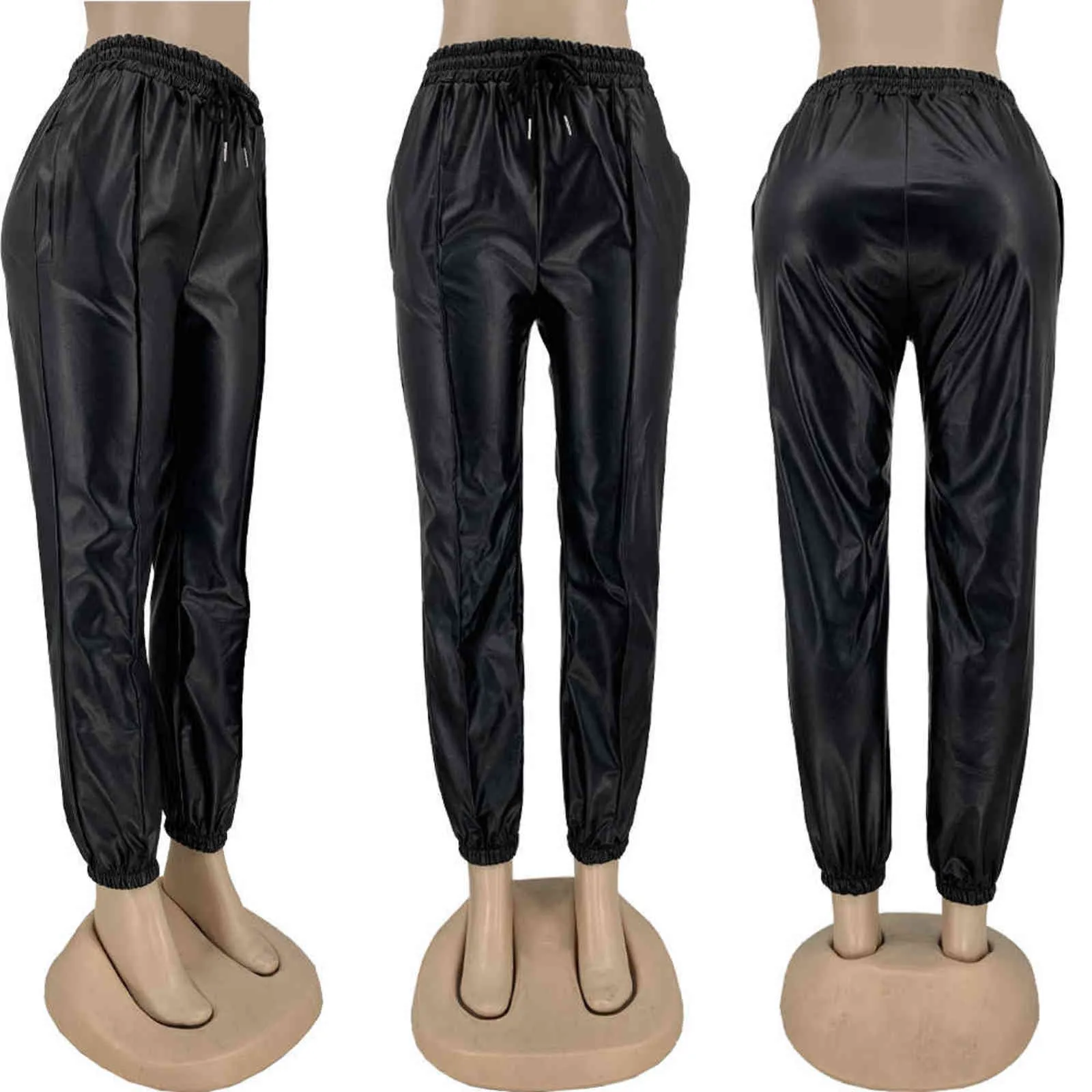 Vintage Kordelzug PU Leder Jogger Hosen Frauen Harem Hosen Einfarbig Hohe Taille Dünne Lange Hosen Elegante Dame Jogginghose Y211115