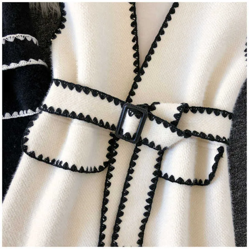 Gilet coreano di lana di media lunghezza Giacca da donna elegante con fusciacche Cardigan Gilet Maglione vintage Capispalla in maglia Chalecos Para Mujer 211008