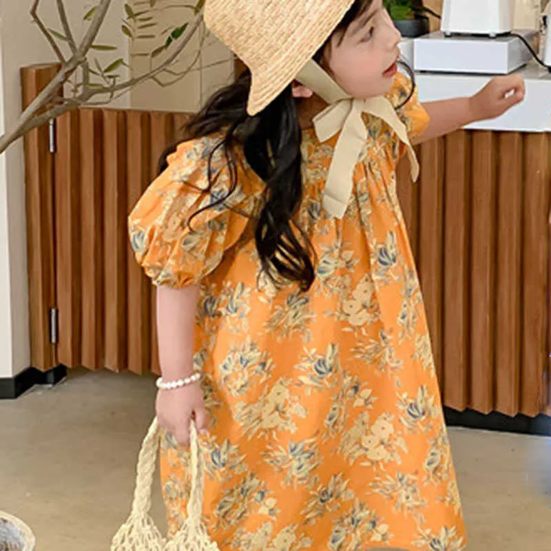 Vestido de meninas de verão Pastoral estilo puff manga floral drapeado princesa bebê crianças roupas infantis para menina 210625