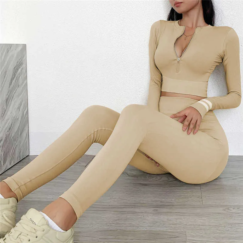 Set da yoga senza cuciture Abbigliamento da palestra donna Tuta sportiva a maniche lunghe Cappotto con cerniera Pantaloni sportivi a vita alta Set cachi Abbigliamento attivo Y0625