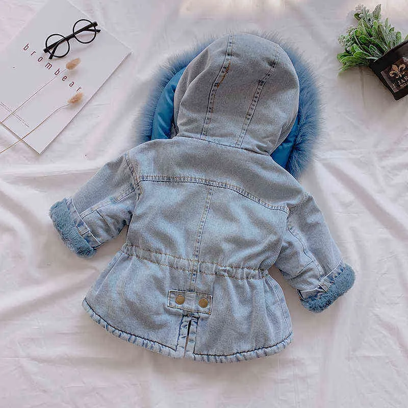 OLEKID Winter Baby Girl Denim Jacket Plus Velours Véritable Fourrure Chaud Manteau d'extérieur pour tout-petits 1-5 ans Enfants Parka pour bébé 211204