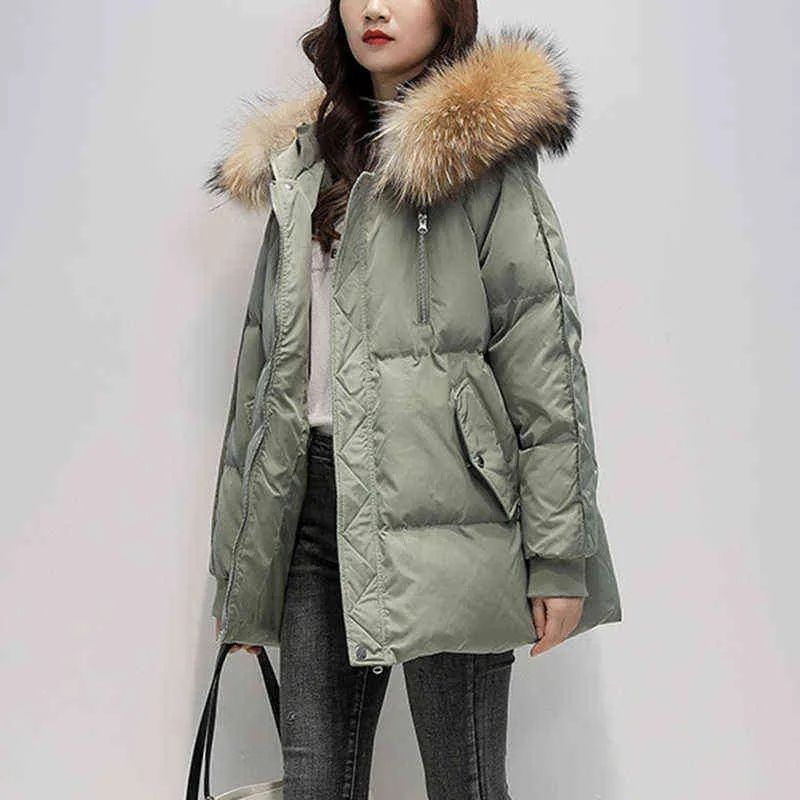 Azzy Winter Hooded Cotton Patded Jacket Vrouwelijke Big Bont Kraag Warm Parkas Damesjas Losse Plus Size Winterjas Vrouw 211108