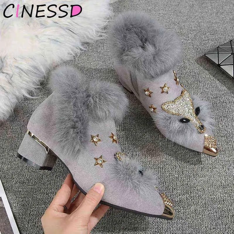 Winter Boots Womens Pointed Metal Ankle Crystal Fox Pattern Women Toe Glitter Fur Moccasins Bottes Femme