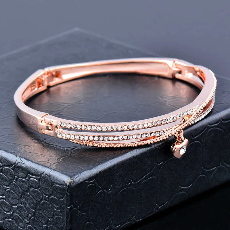 Sinleery Small Heart Pendant 3 Layers Crystal Bangle for Women Rose Gold Silver Color Wedding Bracelets Jewelry Sl477 Ssf Q0719