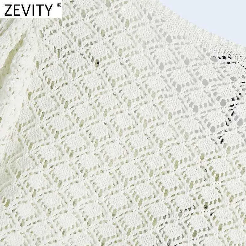 Zevity Womenファッション中空カニットショートニットセーター女性パフスリーブフリルレースアップシックカーディガンクロップトップS841 210603