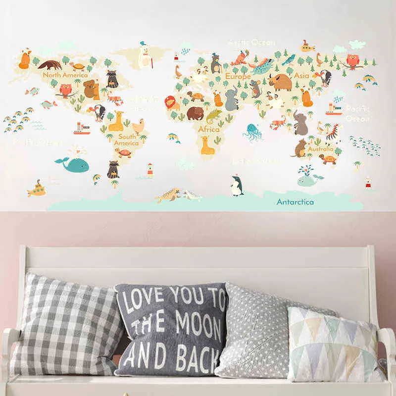 Cartoon Animals Map Wall Stickers for Kids Room Bedroom Kindergarten Wall Decor Vinyl PVC Wall Decals Art Murals Home Decoration 211124