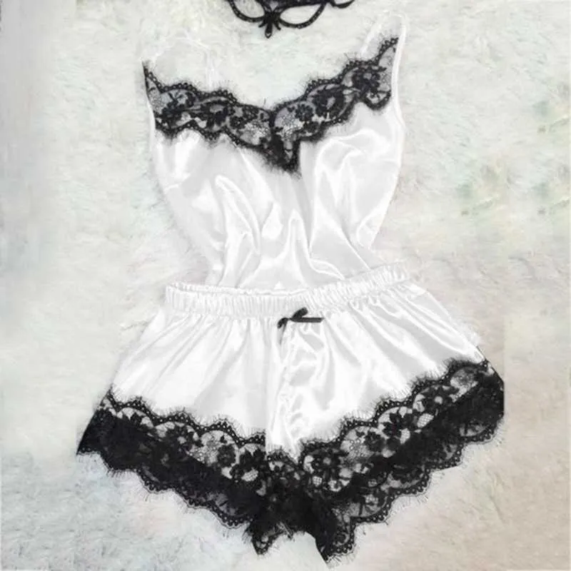 Взрывоопасный женский ночной имитация Silk без бретелек Cami Shorts Pajamas костюм большого размера твердое белье сексуально, Q0706