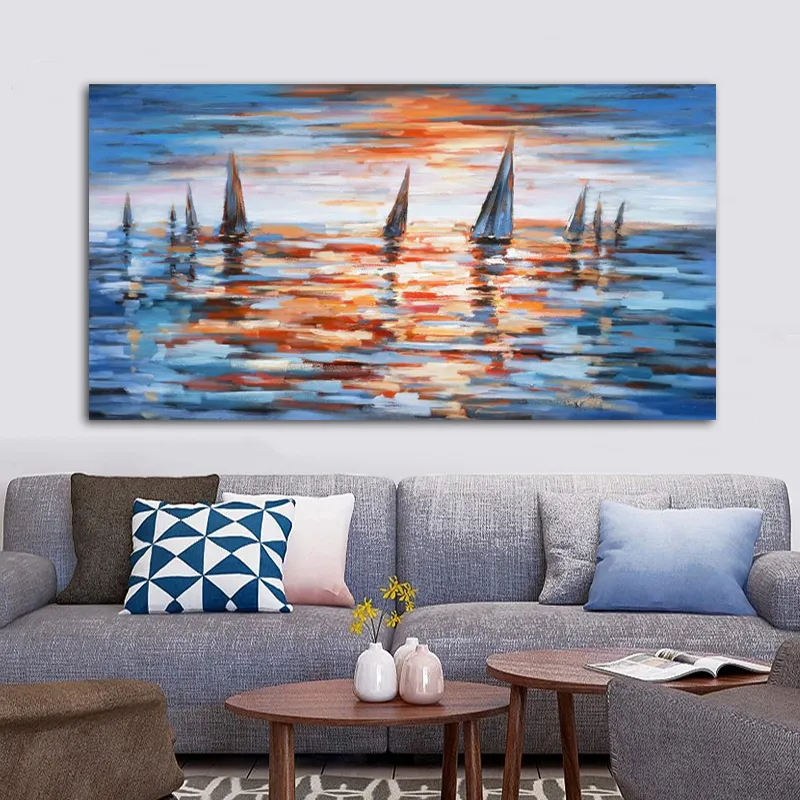 Pintura al óleo de velero impresa en lienzo, arte de pared para sala de estar, decoración moderna para el hogar, puesta de sol, paisaje marino, pintura colorida