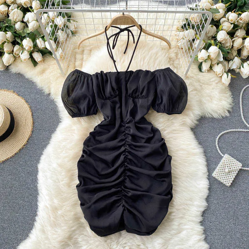 Sexy zwart / wit gedrapeerde bodycon jurk vrouwen zomer vierkante kraag mesh korte mouw hoge taille halter mini vestidos vrouwelijke 2021 y0603