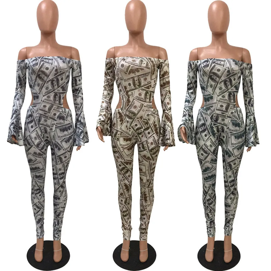 ZKYZWXSexy Mesh Dollar Money pajacyki kombinezon damski modne kombinezony odzież jesienna jednoczęściowy strój kombinezony z odkrytymi ramionami 201007