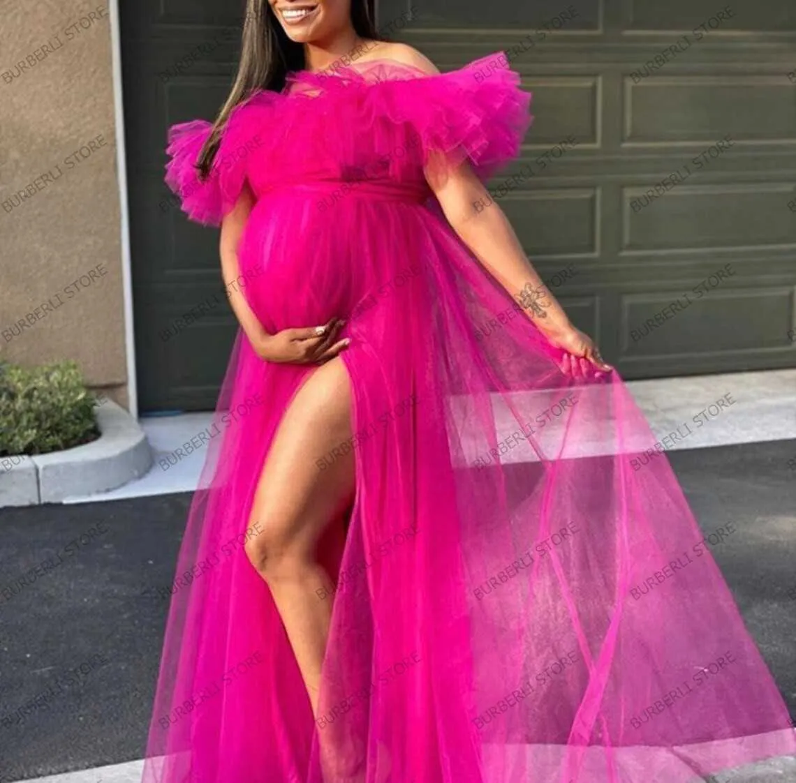 Hot Pink Off The Shoulder Tule Lange Robe voor Zwangere Vrouwen Jurken Side Split Ruffles Bruids Douche Jurk Vestido de Mujer Q0707