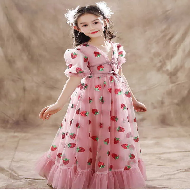 Summer Teenagers Girls Party Dress Straberry Appliques Princess Dresses Wedding Piano Perform Children's Day E01 210610