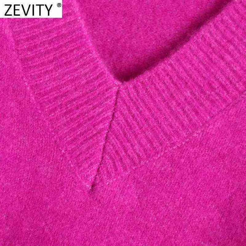 Zevity Mujeres Simplemente V Cuello Suave Toque Casual Púrpura Tejer Suéter Femenino Chic Básico Manga Larga Jerseys Marca Tops SW901 211215