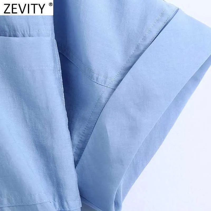 Zevity Womenファッションポケットパッチソリッドカラーカジュアルスリムシャツドレスオフィスレディ弾性ウエストブレストビジネスvestido ds8324 210603