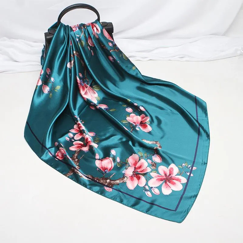 Bufandas de moda grana bufanda de satén de seda con estampado floral para mujeres bufandas de hijab cuadradas bufandas para el cuello 90 90cm damas292v