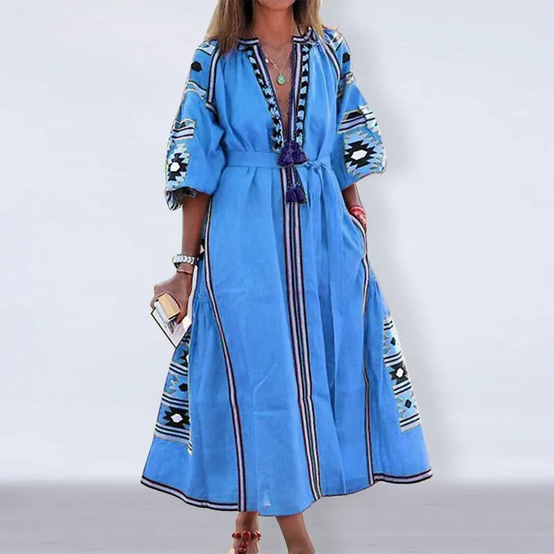 Kvinnor Klänning 2021 Vonda Sexig V Neck Långärmad Klänningar Höst Bohemian Vestidos Loose Beach Sundress S-5XL Elegant Long Robe X0521