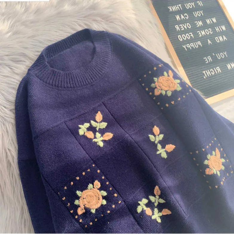 Осень вязаный свитер Женщины старинные цветочные вышивки негабаритные пуловеры Harajuku свободно трикотаж женские повседневные перемычки 210914
