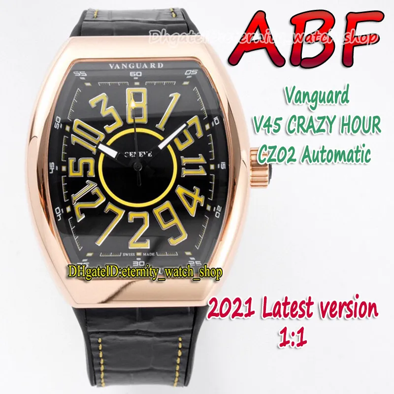 ABF New Crazy Hour Vanguard CZ02自動メカニカル3Dアートデコアラビア語ダイヤルV45メンズウォッチPVDブラックスチールケースレザーエイテティ236o