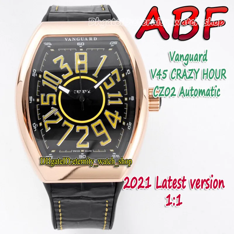 Abf novo crazy hour vanguard cz02 automático mecânico 3d arte deco árabe dial v45 relógio masculino pvd caixa de aço preto couro eternity236o