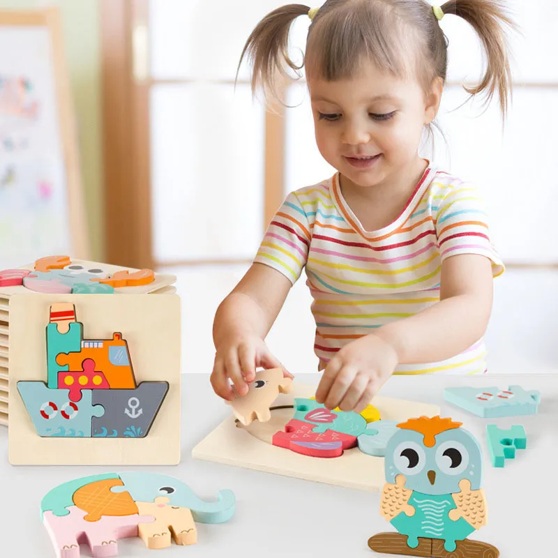 Kinder Tier 3D Holz doppelseitige Streifen Puzzle Erzählen Geschichte Stapeln Puzzle Pädagogisches Spielzeug Für Kinder Fabrik Beste 10 stücke Großhandel