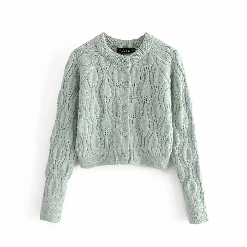 Za cabo malha verde cardigan mulheres o pescoço manga comprida vintage slim tricotadas tops mulher moda streetwear suéteres 210602