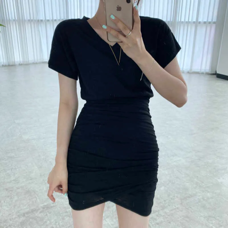 Korejpaa Women Dress Summer Korea Chic Ladies Simple Slimming Scollo a V Soft Skin-Friendly Slim Fit Casual Wrap Vestidos 210526