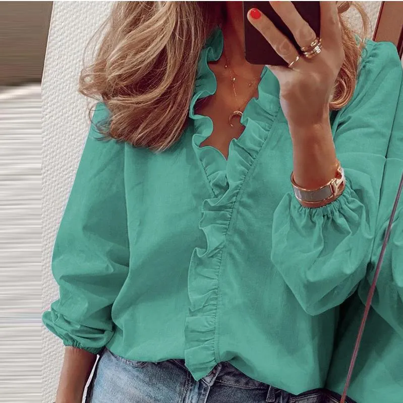 BLOUSE SHIRTS Office Lady Spring Summer Print Long Sleeve Ruffle Women Bluses Sexy V-Neck Pullover Tops 210303