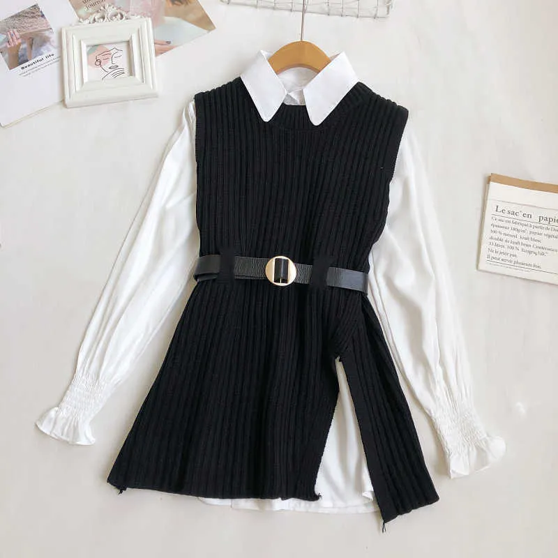 Woherb Korean Spring Autumn Women Knitted Sweater Vest + White Blouse Casual Belt Suit Two Pieces Set Office Lady Outfits 210917