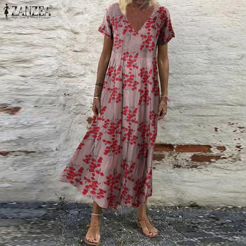 Zanzea Kobiety Sundress Czeski Kwiatowy Drukuj Plaża Maxi Dress Vintage V Neck Krótki Rękaw Dresses Sukienki Femme Kaftan Vestido7 X0521