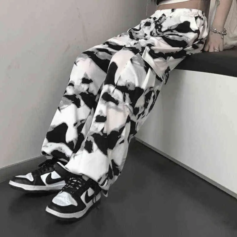 HOUZHOU Cargo Pants Tie Dye Harajuku Streetwear Women Wide Leg High Waisted Trousers Punk Oversize Aesthetic Korean Fashion 211216