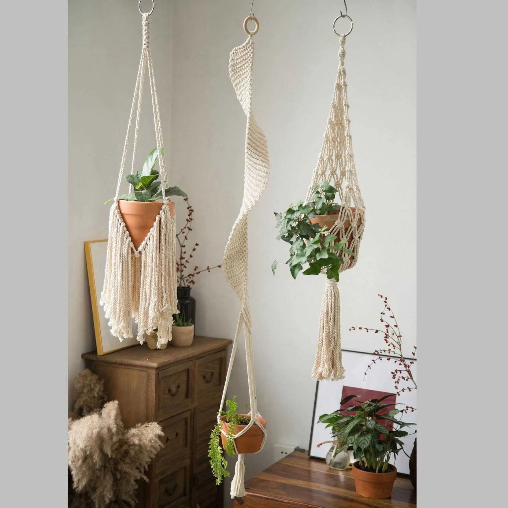 Macrame Wall Hanging Planter Hangers Air Plant Holder Holder شرفة زخرفة الجدار زارع وعاء منسوجة سلة بوهيمية Makrama 210278D