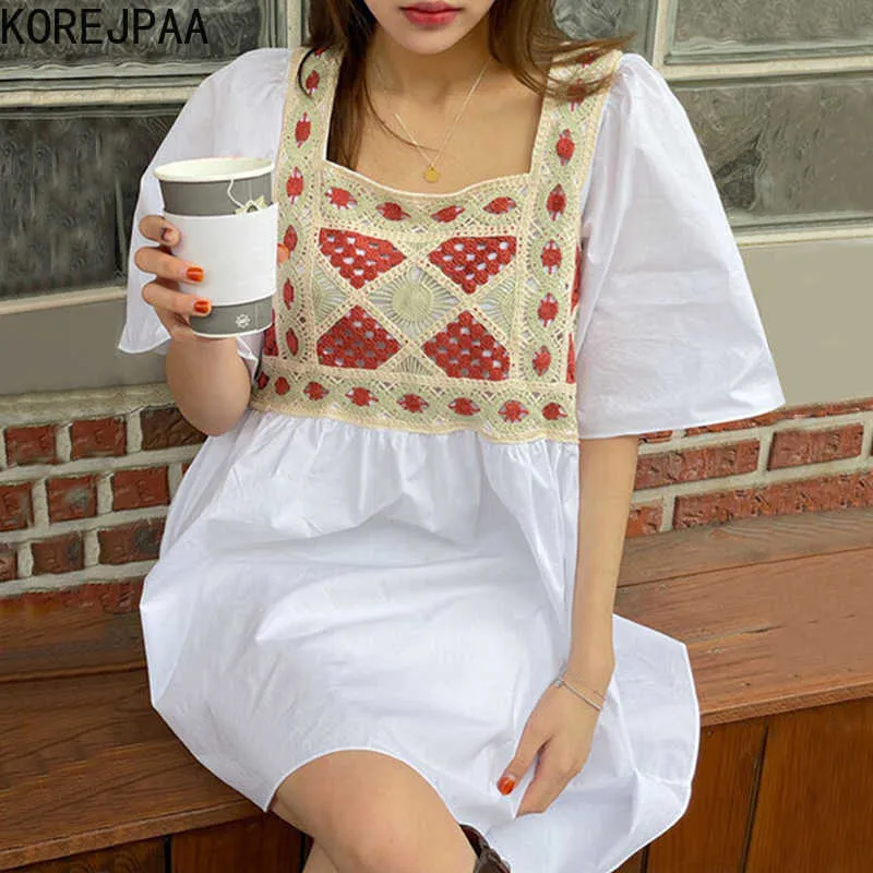 Korejpaa Kobiety Dress Summer Koreański Chic Vintage Square Collar Haftowane Kwiaty Szyte Luźny Rękaw Bubble Vestido 210526