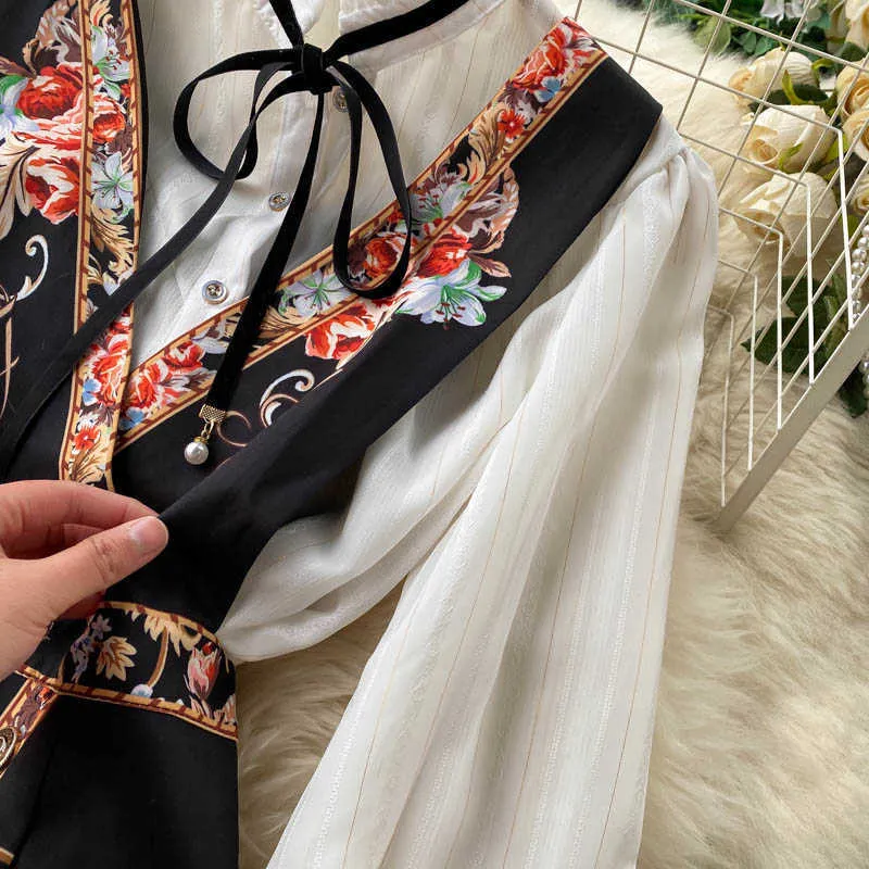 2021 Spring Autumn Elegant Set Overalls Dress Women Bow Collar White Shirt Top+ Irregular Flower Print V-Neck Vest Dress X0705