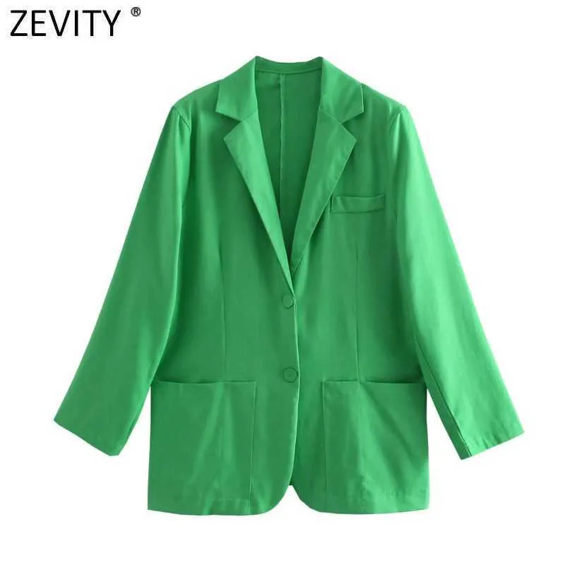 Zevity Frauen Mode Grüne Farbe Kerb Kragen Leinen Blazer Mantel Weibliche Chic Taschen Business Casual Cardigan Anzüge Tops CT736 210927