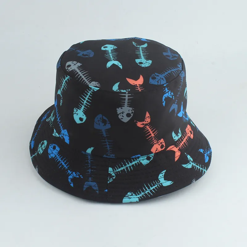 Fish Bone Print Reversible Bucket Hat Panama Bob Hip Hop Cap Women Men Summer Sun Protection Fisherman Hats1180575
