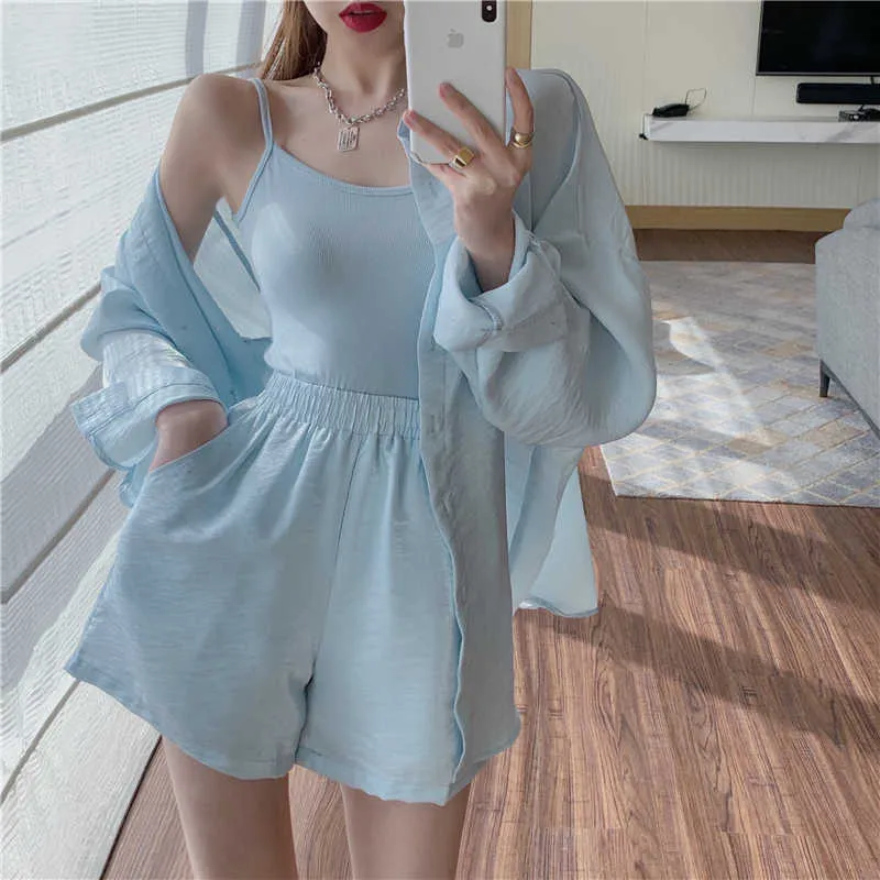 Women Shorts Set Summer Blouse Tracksuit Long Sleeve Shirt Tops Loose Suit Office Lady Blue Pink 210529