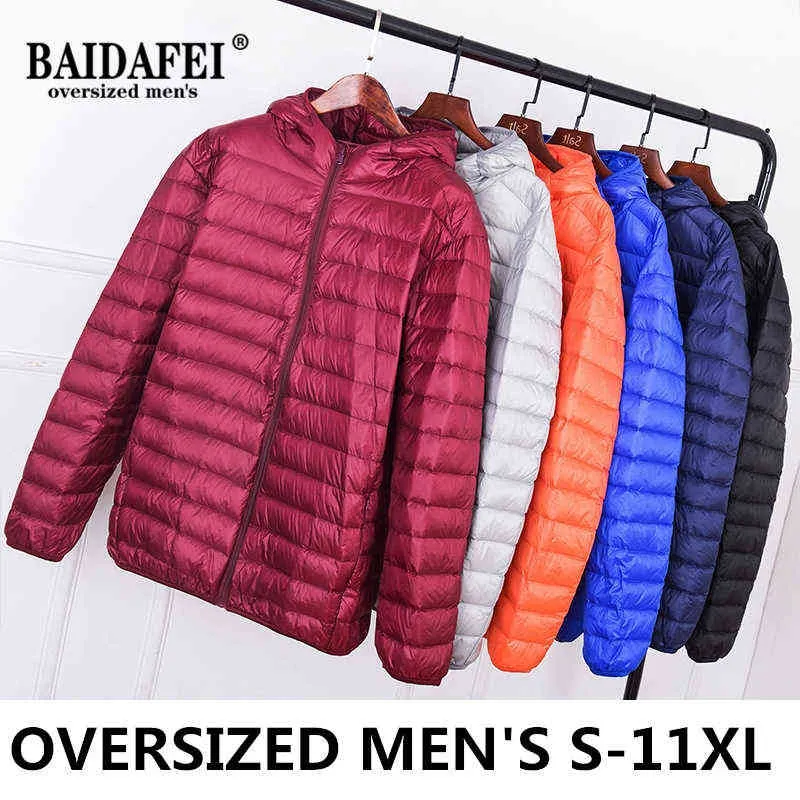 Plus Größe 6XL 7XL 8XL 9XL Herren Ultraleicht Packbare Daunenjacke mit Kapuze Puffer Daunenmäntel Frühling Herbst Männlicher leichter Mantel 211214