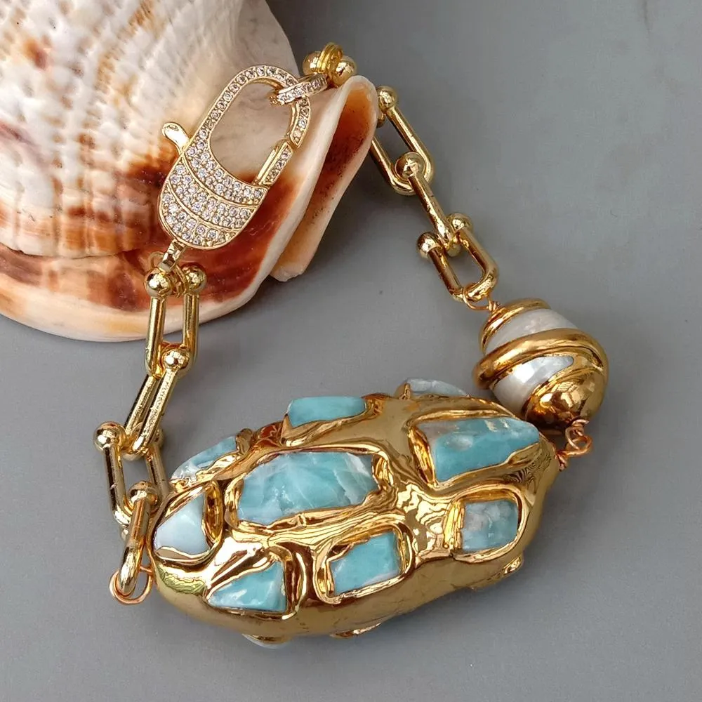 YYGEM Natural Blue Larimar Chips Pave Cultured White Keshi Pearl Gold Plated Chain Armband