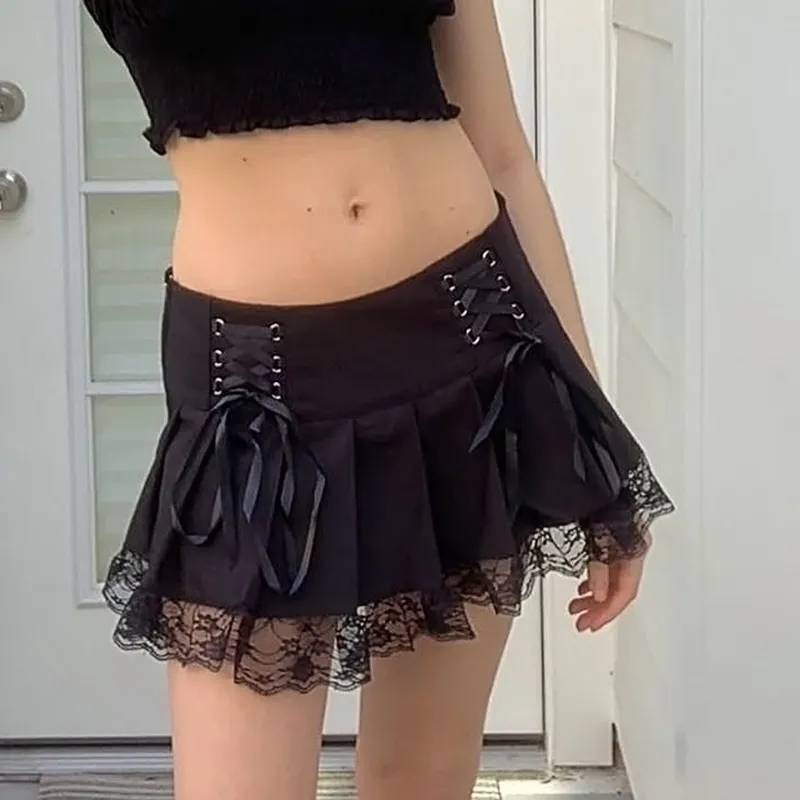 Rockmore High Waist Pleated Skirts For Women Criss Cross Bandage Short Black Skirt Gothic Lace Sexy Y2K Aesthetic Skirts Club 210306