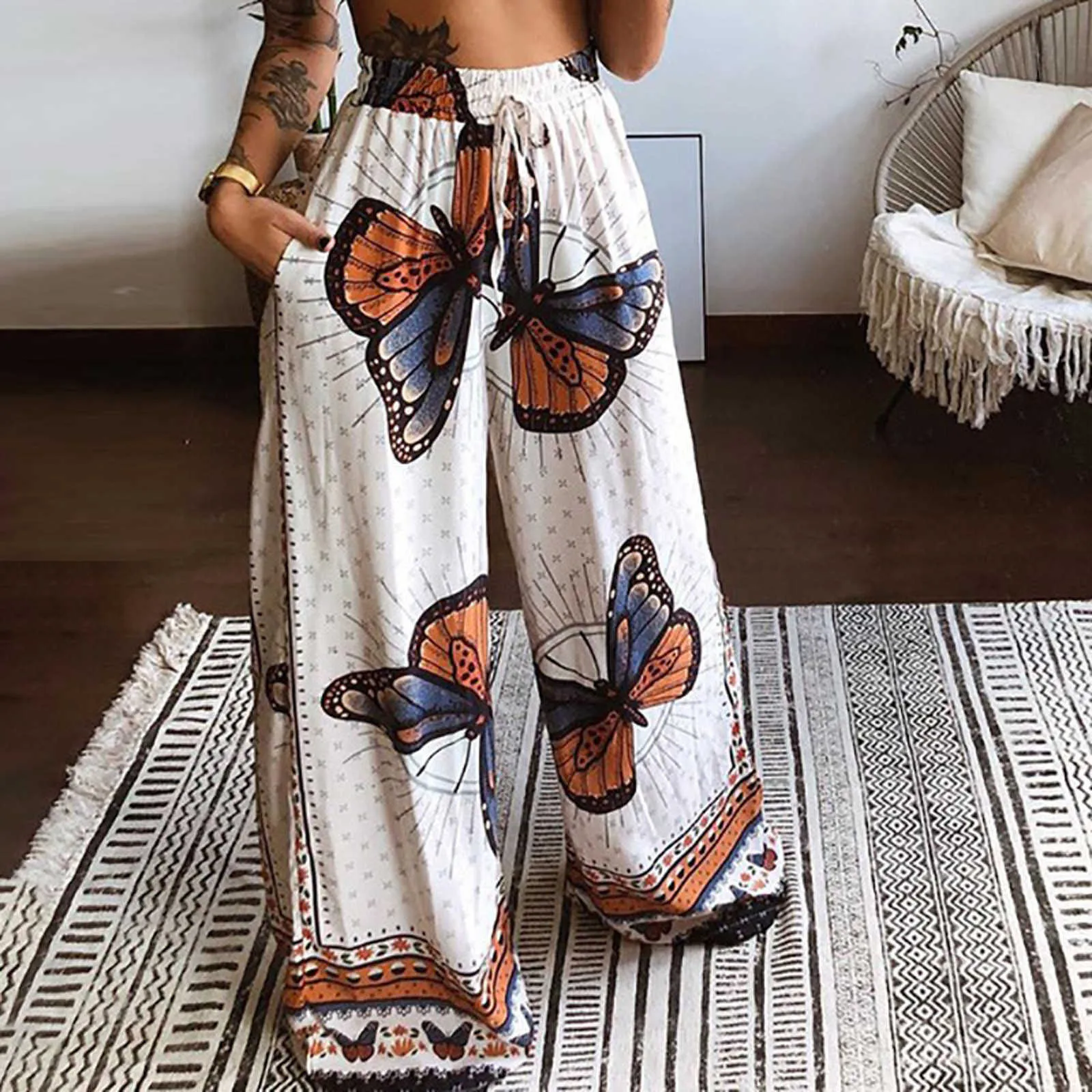2021 new women's printed sexy tube top + loose wide-leg pants two-piece Q0801