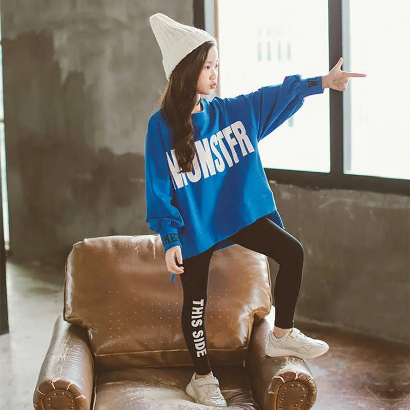 Winter Kids Clothes Suit Girls Autumn Clothing Korean Casual Big Children'S Letter Sweater+ Leggings Set For 4-13Y 211025