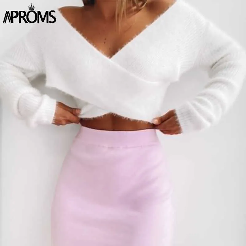 Aproms Pink Fluffy Pull tricoté Femmes Automne Hiver Col V Wrap Front Basic Cropped Pulls Mode Vêtements d'extérieur Jumper 210914