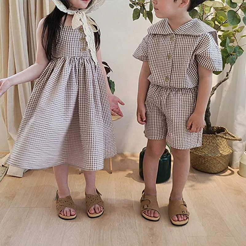 Summer Kids Boys Girls 2-pcs Sets Crew Neck Short Sleeves Plaid Shirts + Sling Dress Cute Style Clothes E233 210610