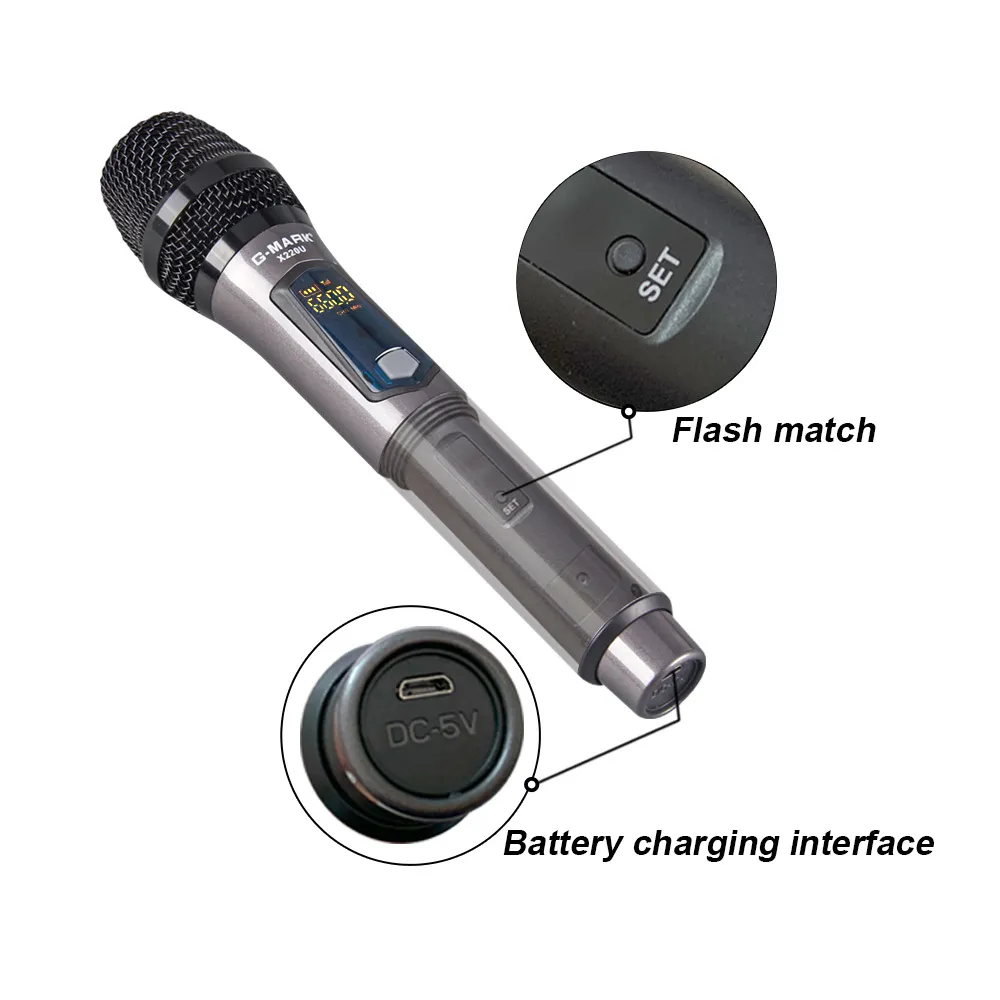 G-Mark X220U UHF Draadloze Microfoon Registratie Karaoke Handheld met oplaadbare lithiumbatterijontvanger