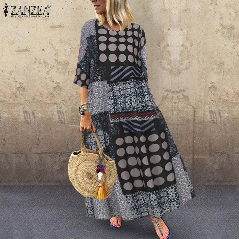 2021 Estate Mezza Manica Vintage Vestito Stampato Floreale ZANZEA Donne Vestito Estivo Casual Della Boemia Cotone di Lino Vestido Abito Femme Vestito X0521