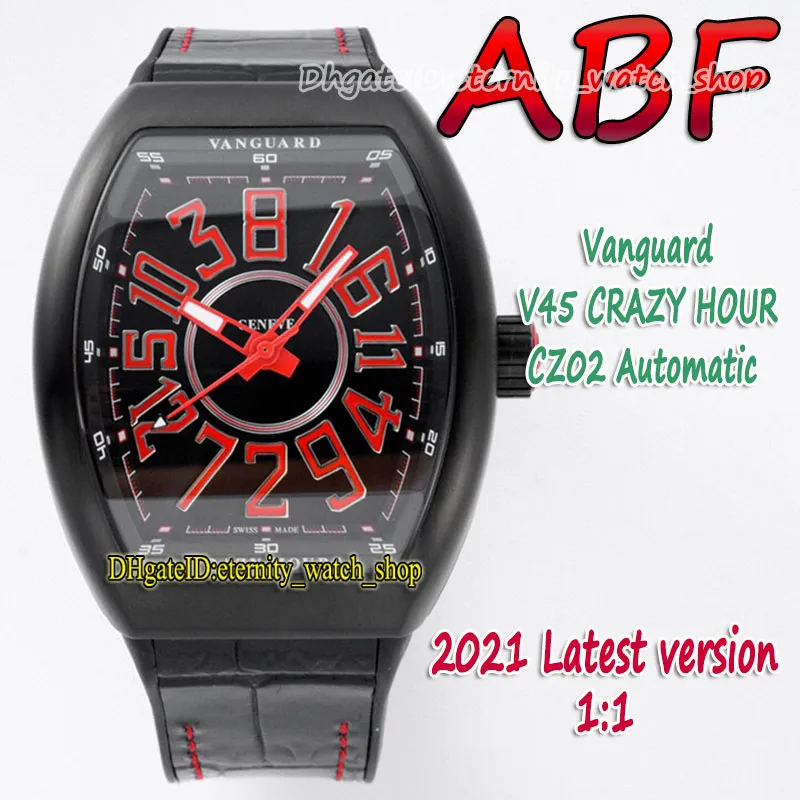 ABF New Crazy Hour Vanguard CZ02 Automatisk mekanisk 3D -art deco Arabisk urtavla V45 Mens Watch PVD Black Steel Case Läder Eternity205V