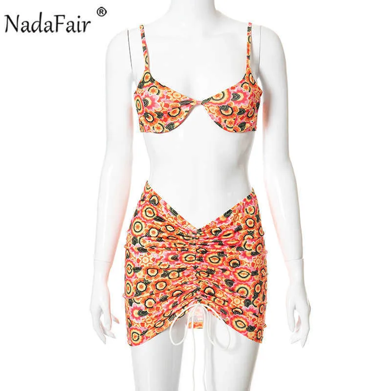Nadafair Floral Mini Dress Sets Women Chic Multi Two Piece Set Summer Dress Suit Ruched Backless Sexy Bodycon Beach Dress Y1006
