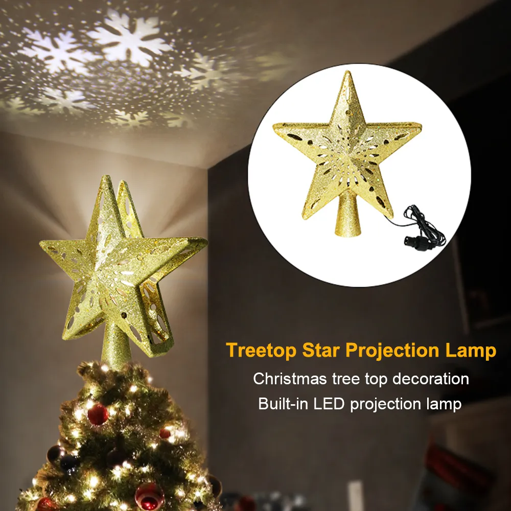 Christmas Tree Topper LED Snowflake Star Top Light Projection Lamp Light Gold Party Romantic Chulty Decorations For Home 201006