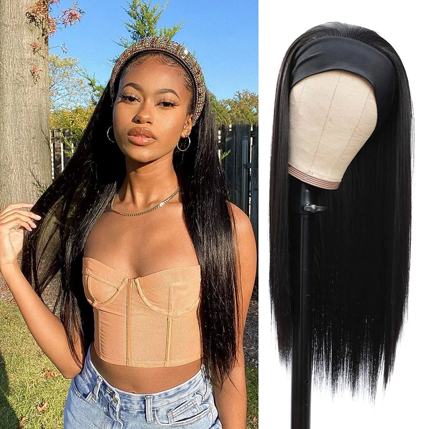 Headband Wig for Women Black Long Straight Wig with Silky Headband Heat Resistant Synthetic Hair for Daily Partyfactory direct